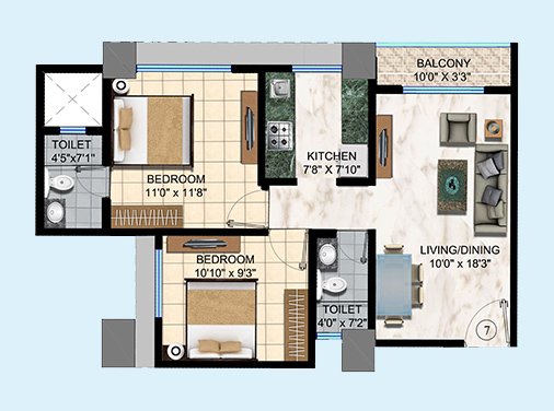 2 BHK - 629 sq.ft.