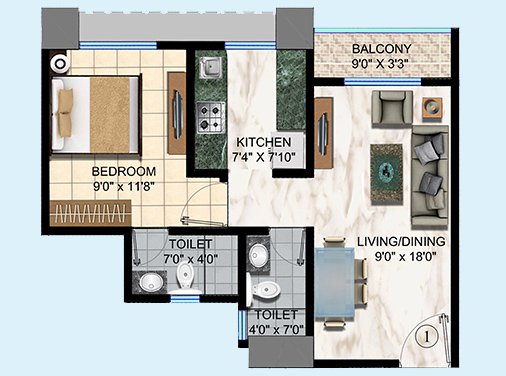 1 BHK - 466 sq.ft.