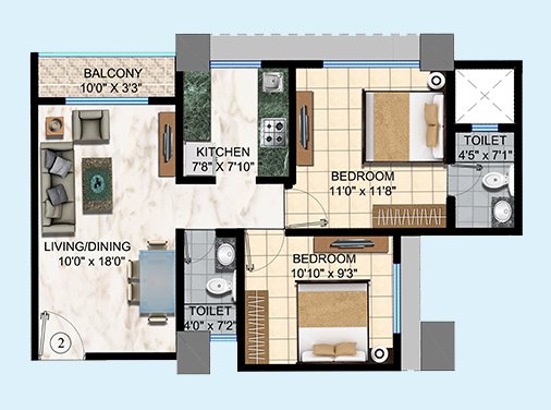 2 BHK - 626 sq.ft.