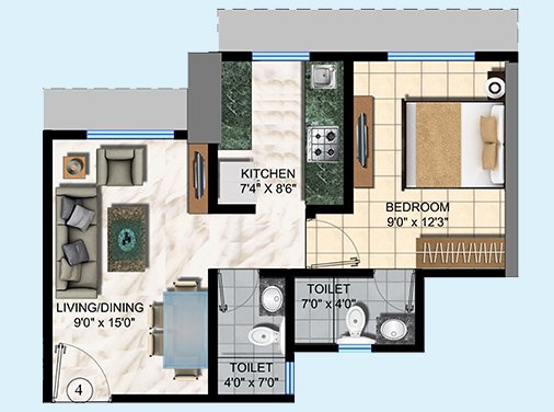 1 BHK - 416 sq.ft.